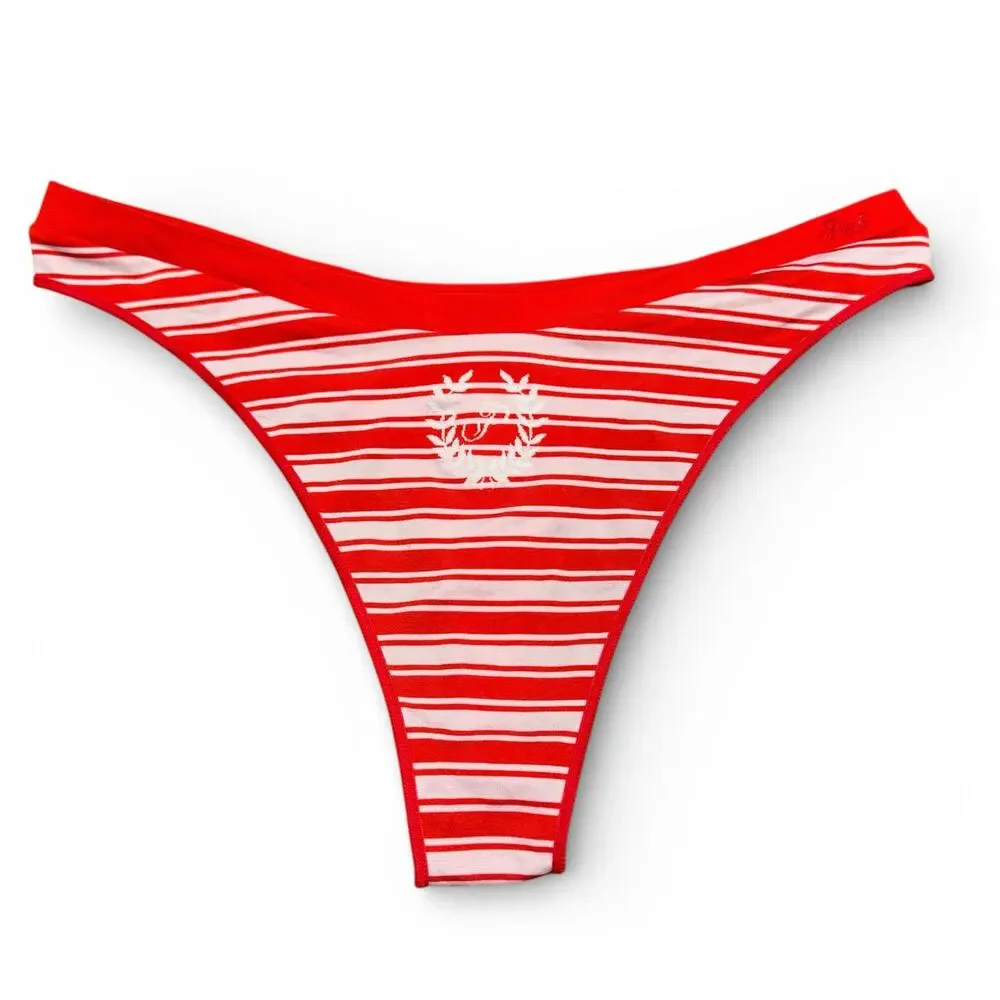 Victoria's Secret Panty Size M Thong String Red Festive Stripe Print Brazilian